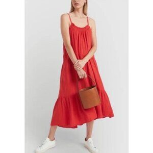 Xirena Cara Red Cotton Gauze Tiered Spaghetti Strap Sleeveless Midi Dress Medium